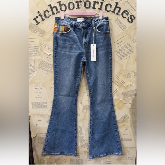 Free People Driftwood Farrah Embroidered Flare Sun Blue Brown Gold - Picture 2 of 4